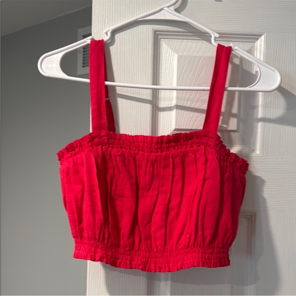 NWT Abercrombie A&F Linen Crop Tank Top red Pink ruched M